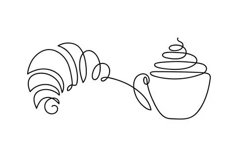 Continuous one line drawing croissant and creamy drink cup. Baking shop Logo Stock Illustration