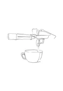 Continuous one line drawing of cup of coffee and machine. cafe i Illustration