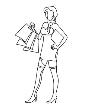 Continuous one line drawing Cute Woman with shopping bags in their hands. Vector Stock Illustration