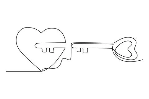 Continuous one line drawing cute pair heart shaped key and keyhole fit on p.. Ilustração Stock