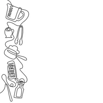 Continuous one line drawing of different kitchen utensils. Black and white Stock Illustration