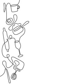 Continuous one line drawing of different kitchen utensils. Black and white Stock Illustration