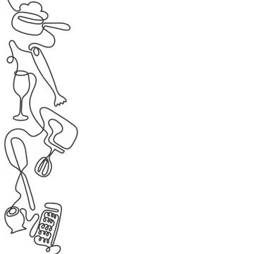 Continuous one line drawing of different kitchen utensils. Black and white Stock Illustration