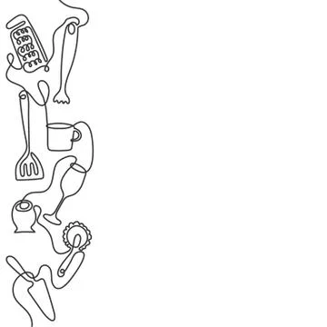 Continuous one line drawing of different kitchen utensils. Black and white Stock Illustration