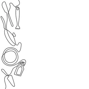 Continuous one line drawing of different kitchen utensils. Black and white Stock Illustration