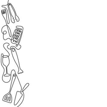 Continuous one line drawing of different kitchen utensils. Black and white Stock Illustration