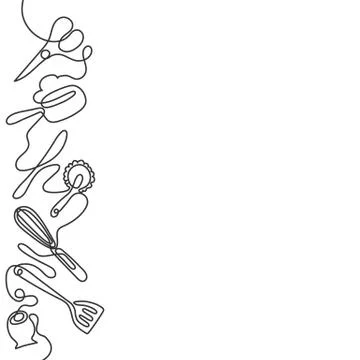 Continuous one line drawing of different kitchen utensils. Black and white Stock Illustration
