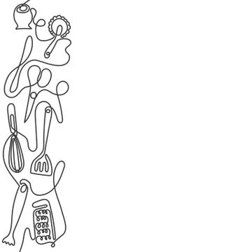 Continuous one line drawing of different kitchen utensils. Black and white Stock Illustration
