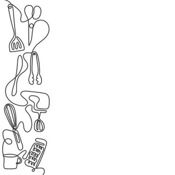 Continuous one line drawing of different kitchen utensils. Black and white Stock Illustration