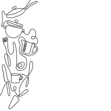 Continuous one line drawing of different kitchen utensils. Black and white Stock Illustration
