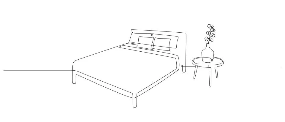 Continuous one line drawing of double bed and table with vase with monstera leaf Stock Illustration