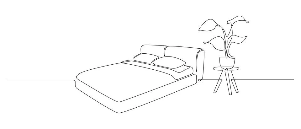 Continuous one line drawing of double bed and table with potted plant Stock Illustration