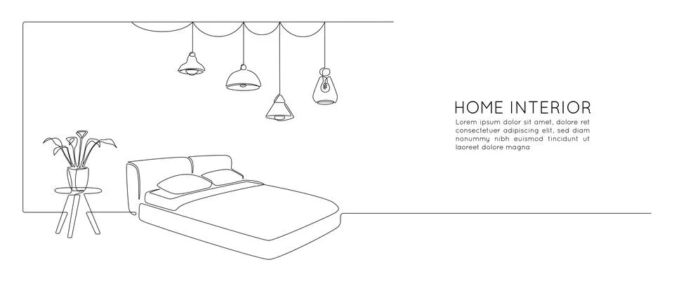 Continuous one line drawing of double bed and table with home plant and hanging Stock Illustration
