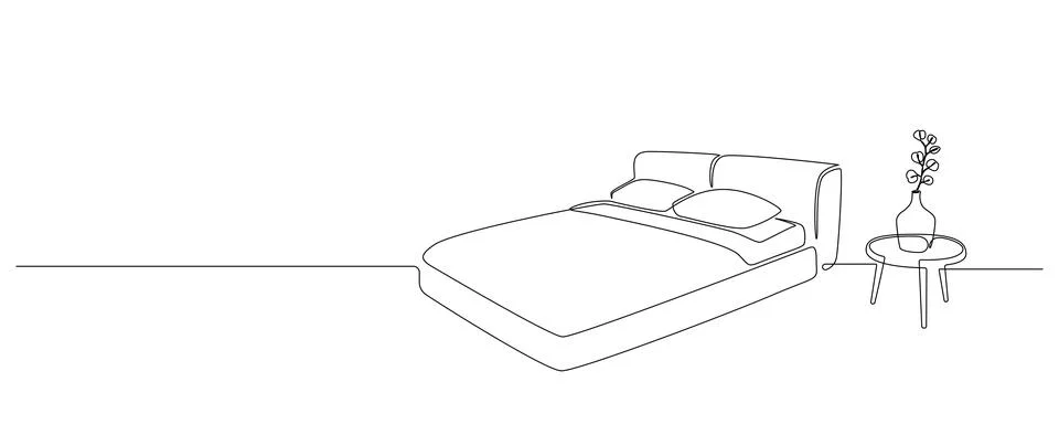 Continuous one line drawing of double bed and table with vase and plant Stock Illustration