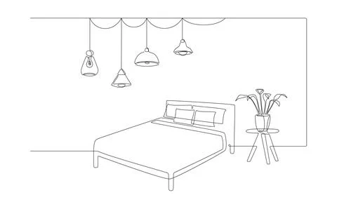 Continuous one line drawing of double bed and table with potted plant and Stock Illustration