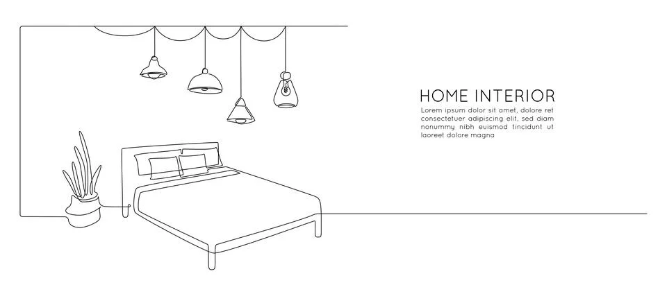 Continuous one line drawing of double bed and table with potted flor plant and Stock Illustration