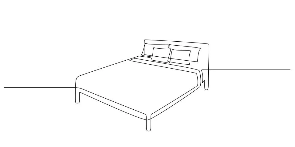 Continuous one line drawing of double bed with pillows. Scandinavian stylish Stock Illustration