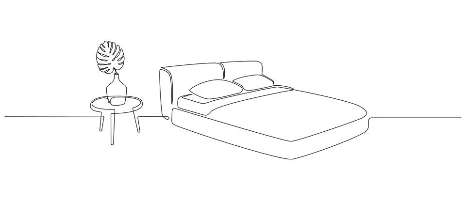 Continuous one line drawing of double bed and table with vase with monstera leaf Stock Illustration
