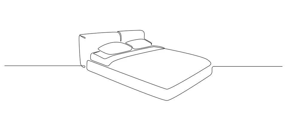 Continuous one line drawing of double bed with pillows. Scandinavian stylish Stock Illustration