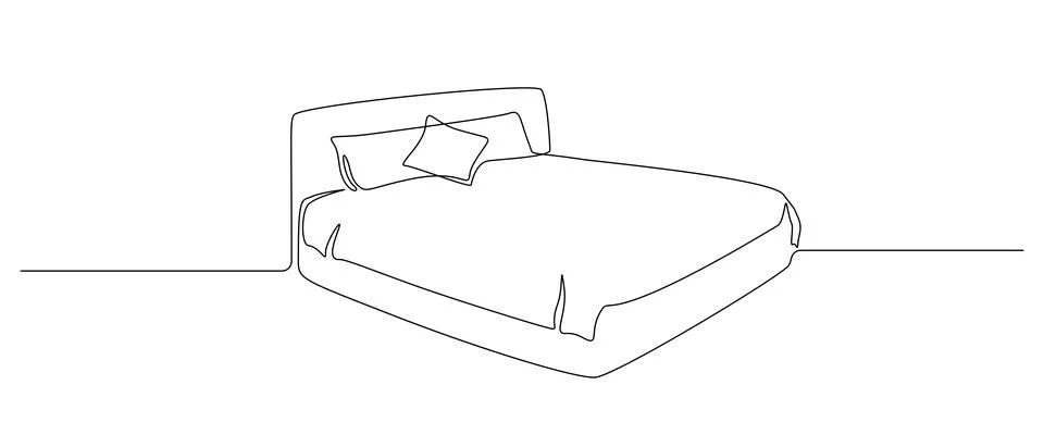 Continuous one line drawing of double bed with pillows. Modern stylish furniture Stock Illustration