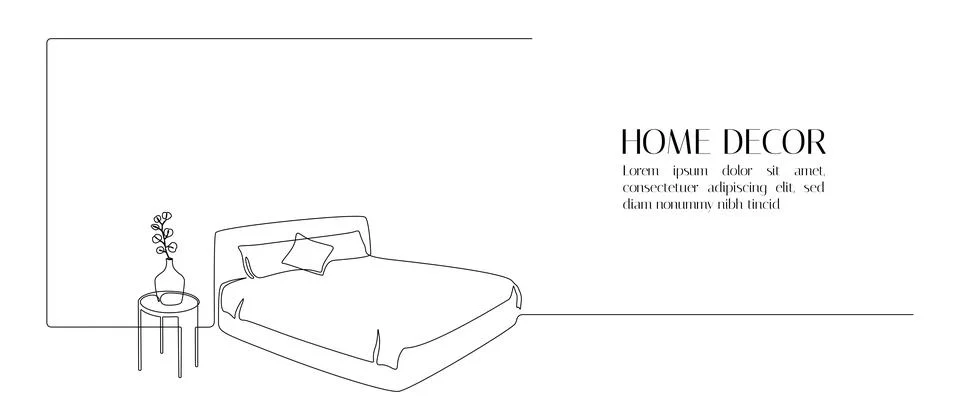 Continuous one line drawing of double bed with pillows and table with vase and Stock Illustration