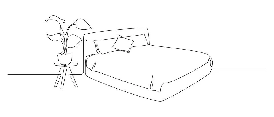 Continuous one line drawing of double bed with pillows and blanket and house Stock Illustration