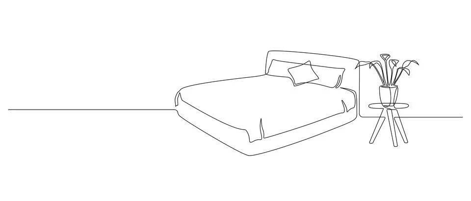 Continuous one line drawing of double bed with pillows and house plant. Modern Illustrazione stock