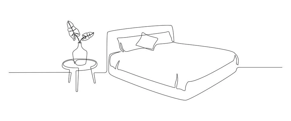 Continuous one line drawing of double bed with pillows and table with vase and Stock Illustration