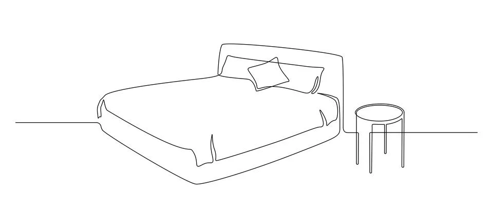 Continuous one line drawing of double bed with pillows and nightstand. Modern Stock Illustration