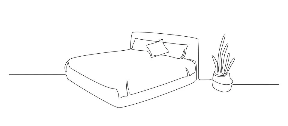 Continuous one line drawing of double bed with pillows and potted cactus on the Stock Illustration