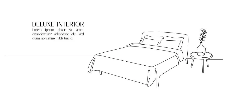 Continuous one line drawing of double bed and table with potted plant Stock Illustration