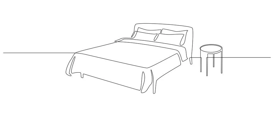 Continuous one line drawing of double bed and table. Scandinavian stylish Stock Illustration