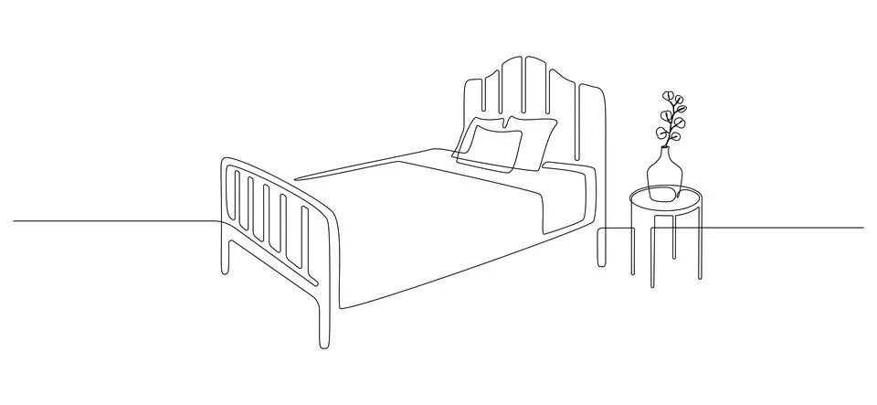 Continuous one line drawing of double bed and table with vase and plant Stock Illustration
