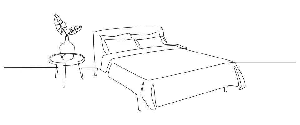 Continuous one line drawing of double bed and table with vase and plant Stock Illustration
