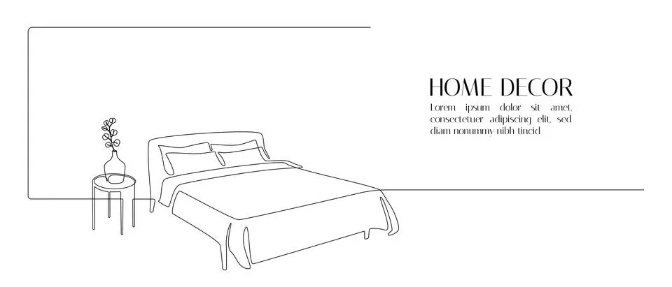 Continuous one line drawing of double bed and table with vase and plant Stock Illustration