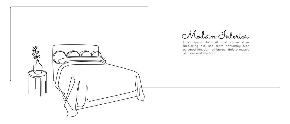 Continuous one line drawing of double bed and table with vase and plant. Modern Stock Illustration