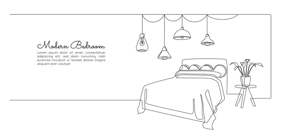 Continuous one line drawing of double bed and table and loft chandelier lamps Stock Illustration