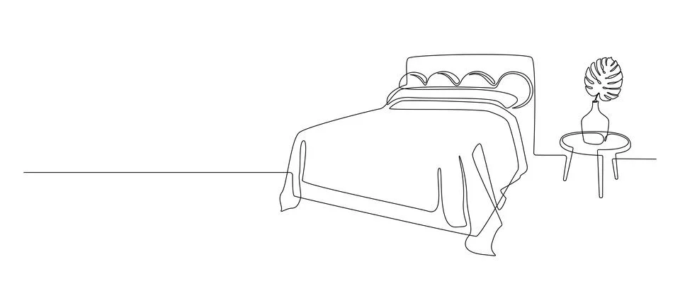 Continuous one line drawing of double bed and table with vase and monstera Stock Illustration
