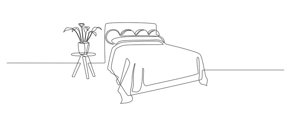 Continuous one line drawing of double bed and table with potted plant. Modern Stock Illustration