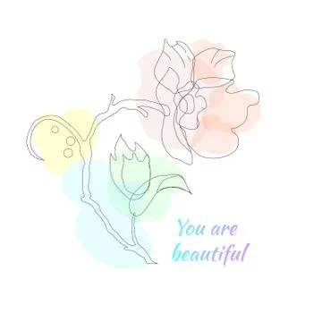 Continuous one line drawing. Drawing of a flower with watercolor spots. Black Stock Illustration