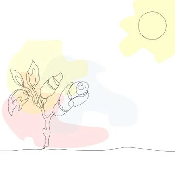 Continuous one line drawing. Drawing of a flower and sun with watercolor spots Stock Illustration