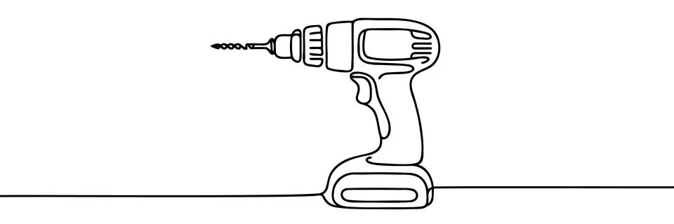 Continuous One-Line Drawing of a Drilling Tool - Minimalist Power Tool Art Stock Illustration