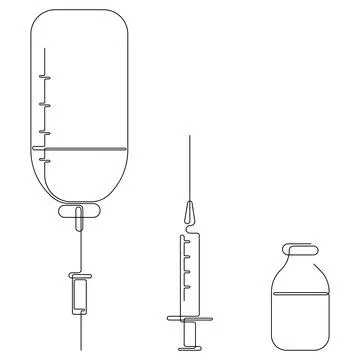 Continuous one line drawing of drop counter, syringe and bottle. Medical Stock Illustration