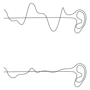 Continuous one line drawing of ears with adiowaves. Hearing loss concept Illustrazione stock