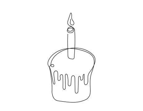 Continuous one line drawing of Easter Kulich cake with a lit candle. Tradit.. Stock Illustration