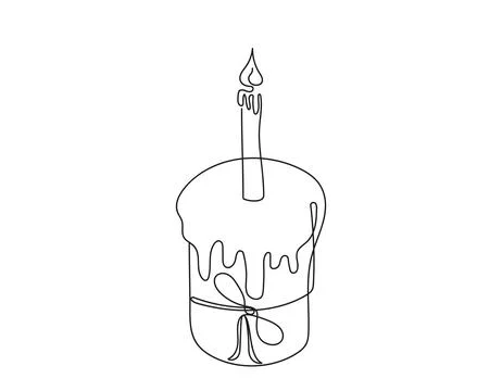 Continuous one line drawing of Easter Kulich cake with a lit candle. Tradit.. Stock Illustration