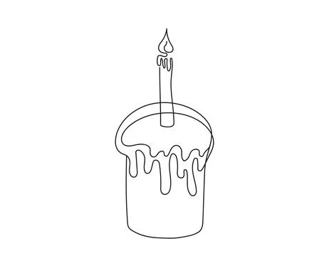 Continuous one line drawing of Easter Kulich cake with a lit candle. Tradit.. Stock Illustration