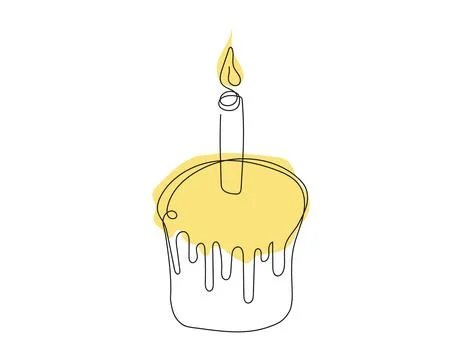 Continuous one line drawing of Easter Kulich cake with a lit candle. Colored Stock Illustration