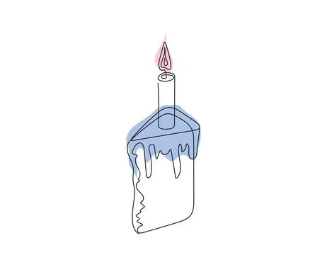 Continuous one line drawing of Easter Kulich cake with lit candle. Slice of Illustrazione stock