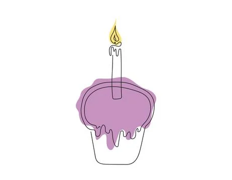 Continuous one line drawing of Easter Kulich cake with a lit candle. Colored Stock Illustration